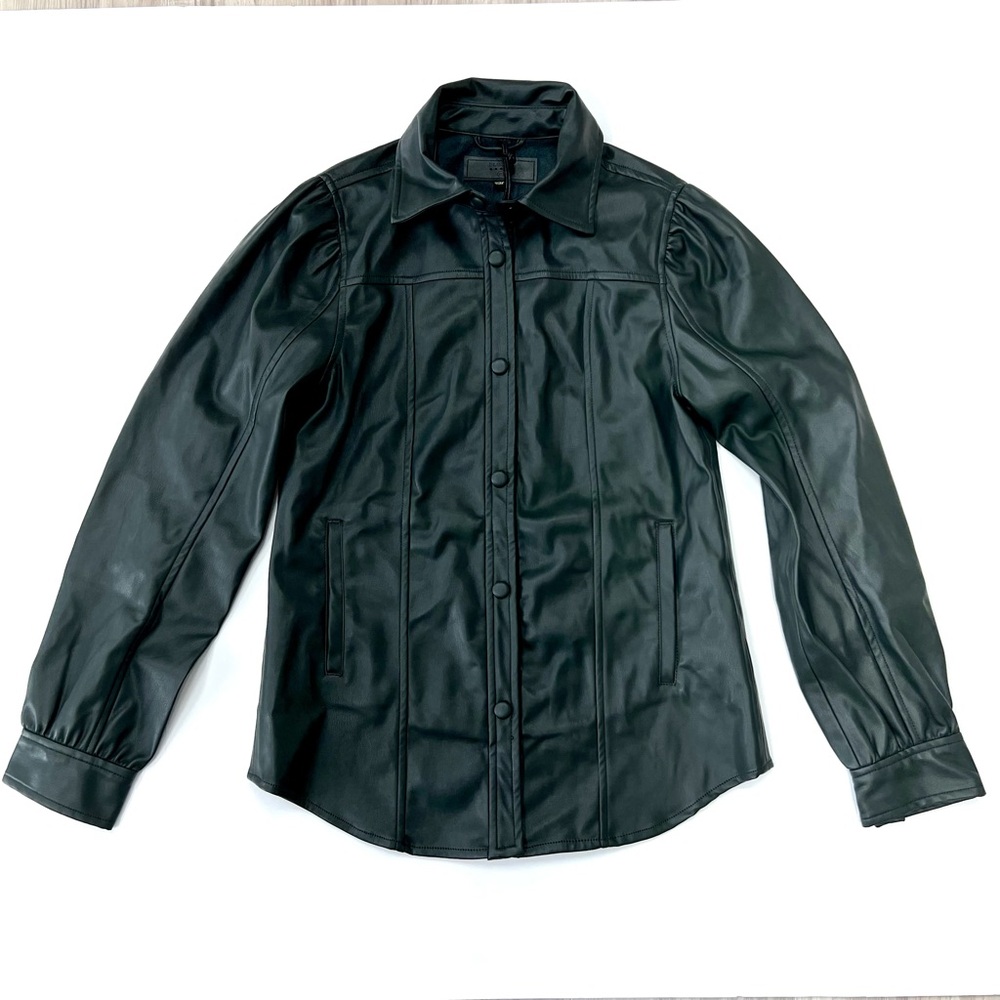 Blank NYC Vegan Faux Leather Puff Sleeve Button Up Shirt Shacket Green XS NWT